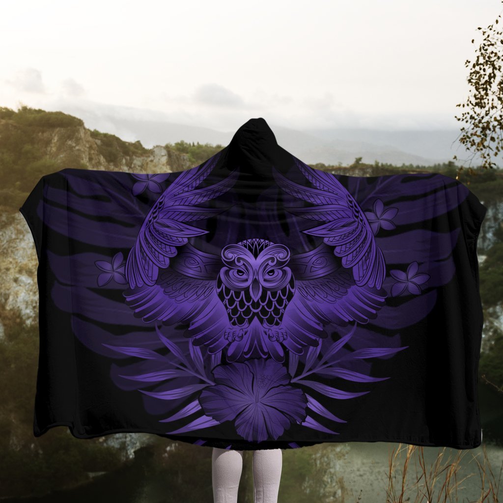 Hawaiian Owl Hibiscus Plumeria Polynesian Hooded Blanket - Purple - AH - Polynesian Pride