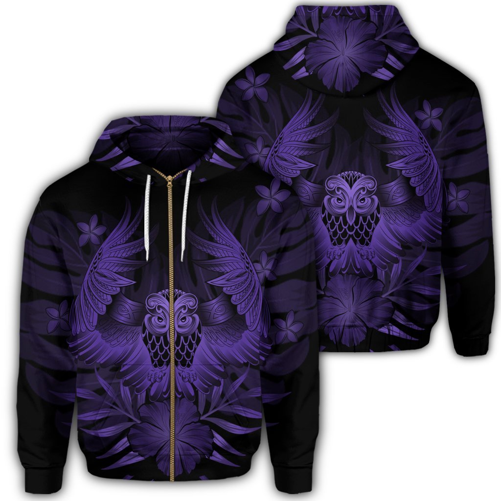 Hawaiian Owl Hibiscus Plumeria Polynesian Zip Hoodie Purple Unisex Art - Polynesian Pride