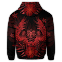 Hawaiian Owl Hibiscus Plumeria Polynesian Zip Hoodie Red - Polynesian Pride