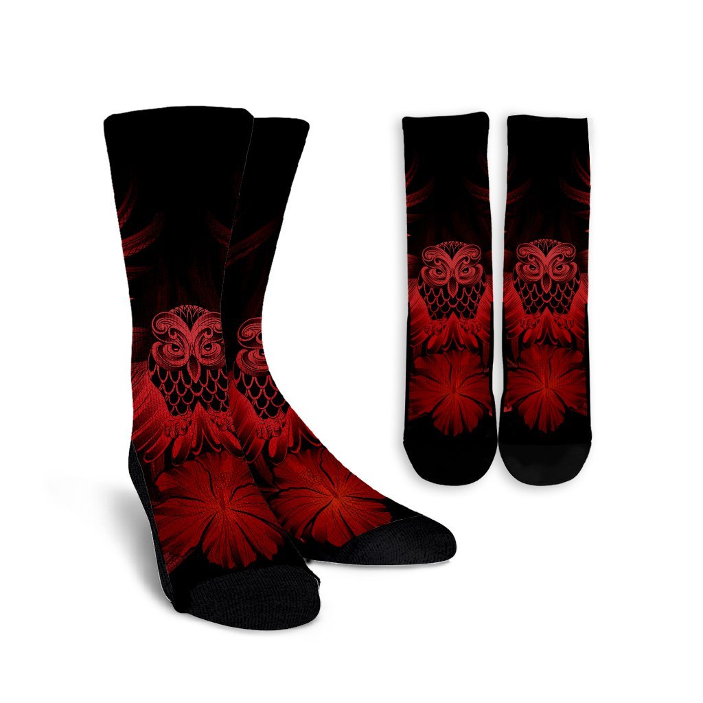 Hawaiian Owl Hibiscus Plumeria Polynesian Crew Socks - Red - AH Crew Socks White - Polynesian Pride