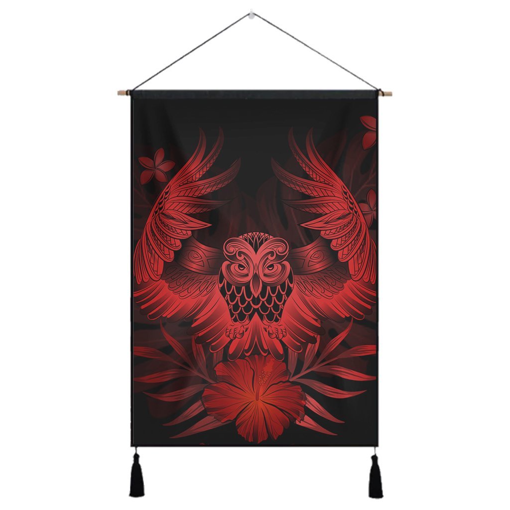 Hawaiian Owl Hibiscus Plumeria Polynesian Hanging Poster - Red - AH Hanging Poster Cotton And Linen - Polynesian Pride