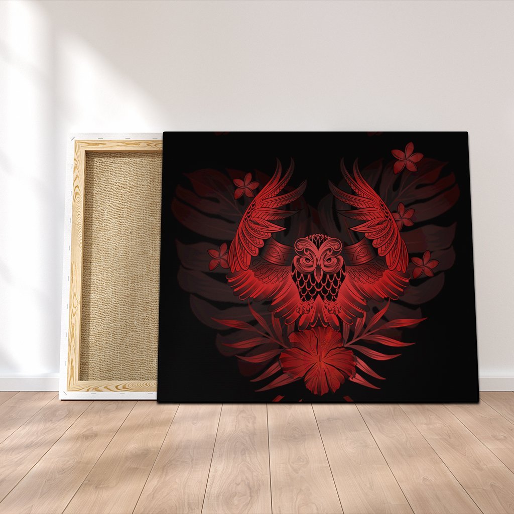 Hawaiian Owl Hibiscus Plumeria Polynesian Canvas - Red - AH Canvas Poly-cotton - Polynesian Pride