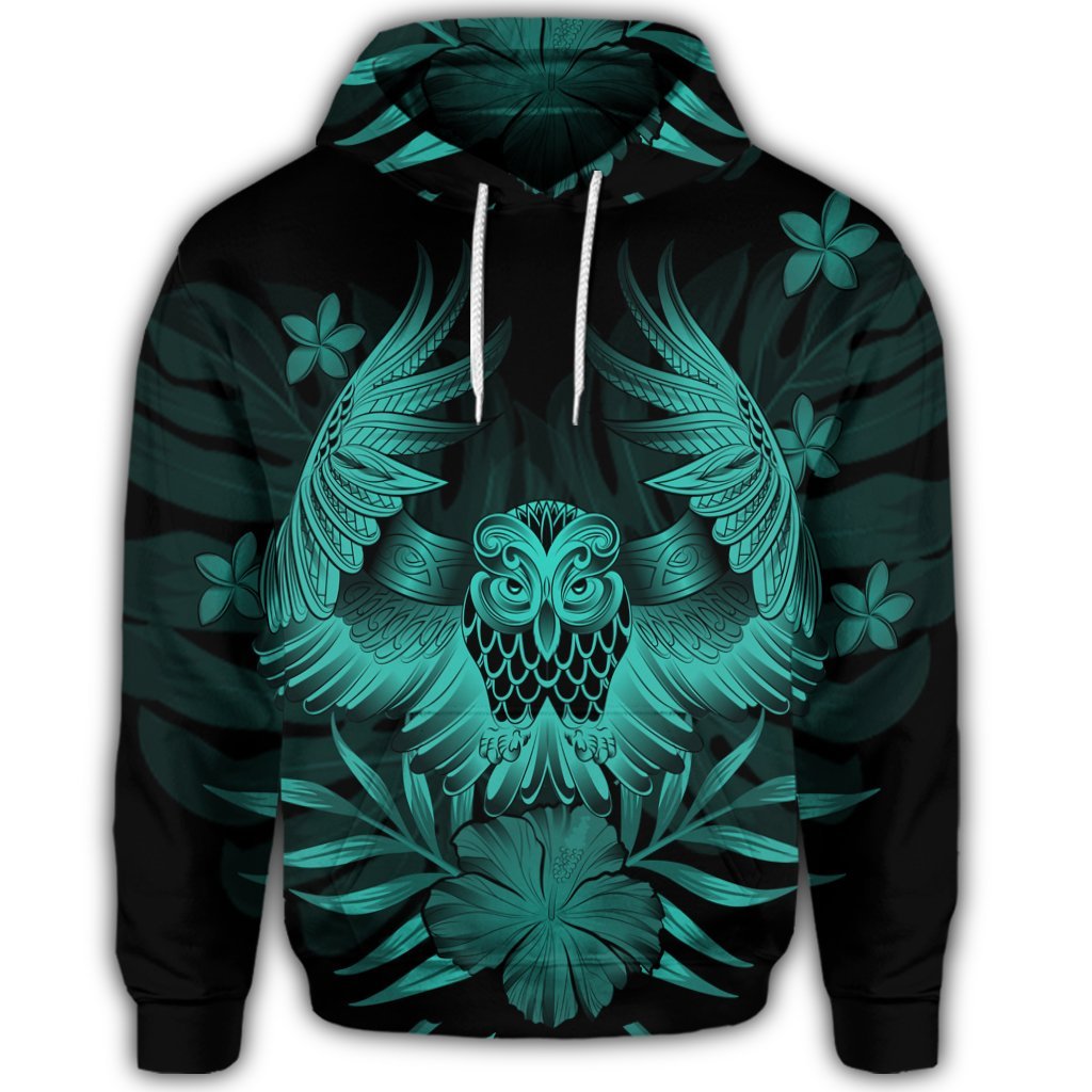 Hawaiian Owl Hibiscus Plumeria Polynesian Hoodie Turquoise - Polynesian Pride