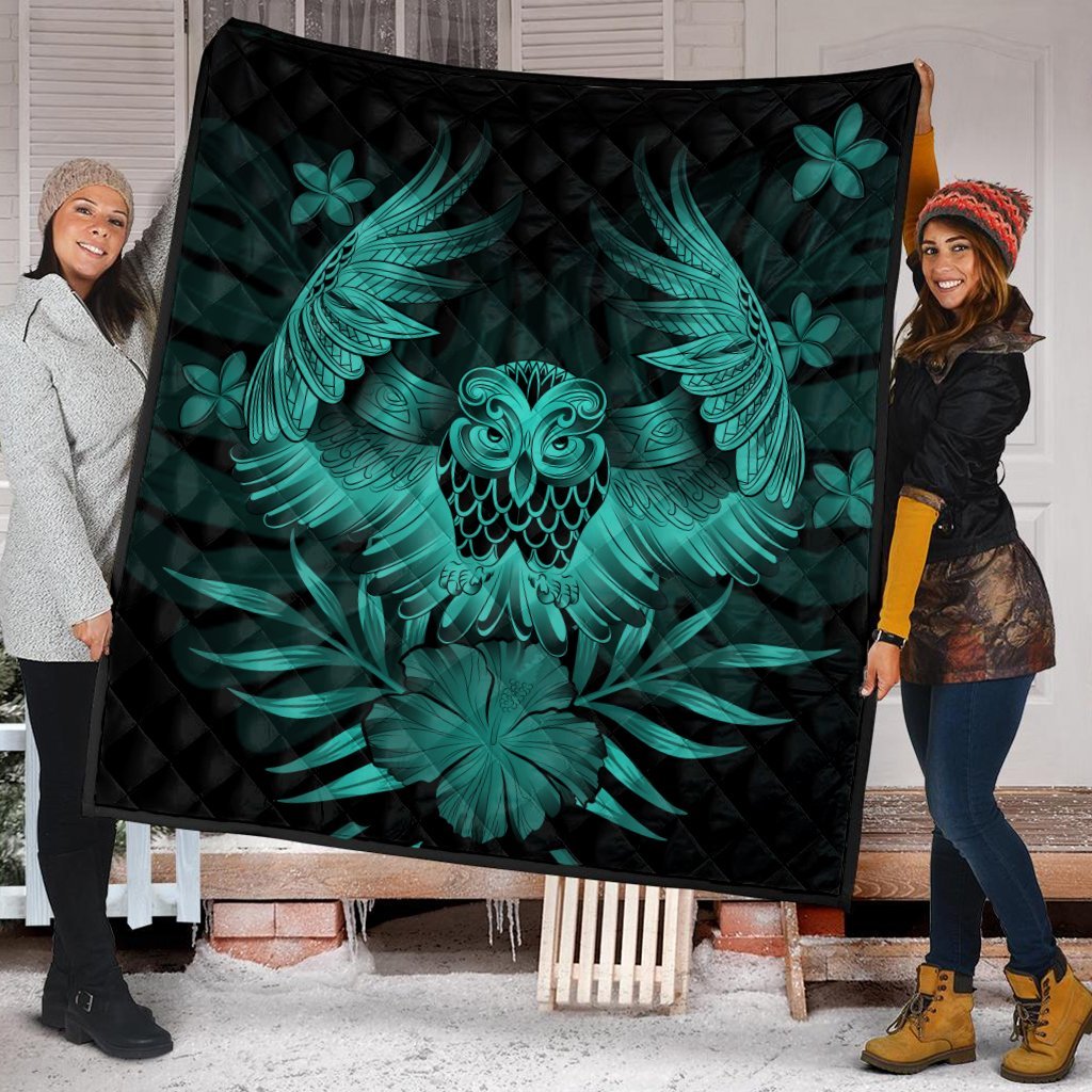 Hawaiian Owl Hibiscus Plumeria Polynesian Premium Quilts - Turquoise - AH - Polynesian Pride