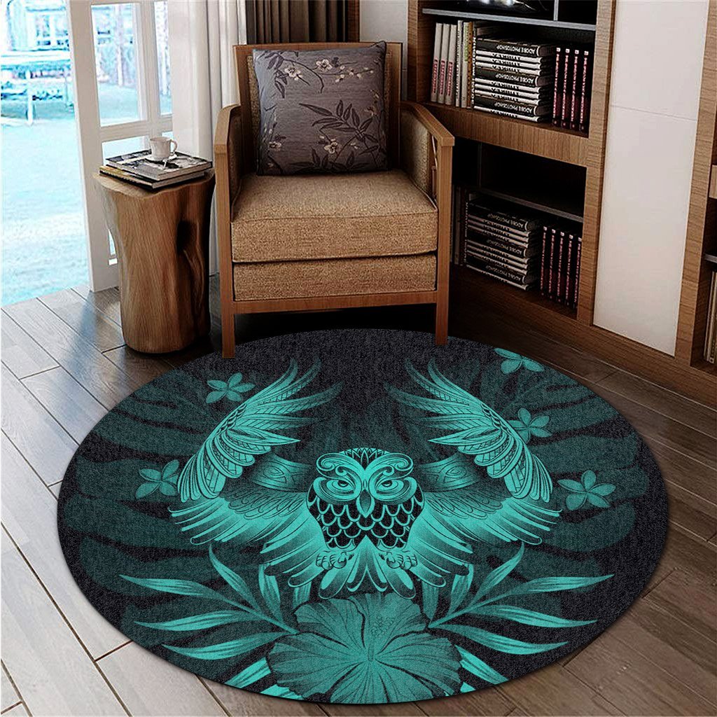 Hawaiian Owl Hibiscus Plumeria Polynesian Round Carpet - Turquoise - AH - Polynesian Pride
