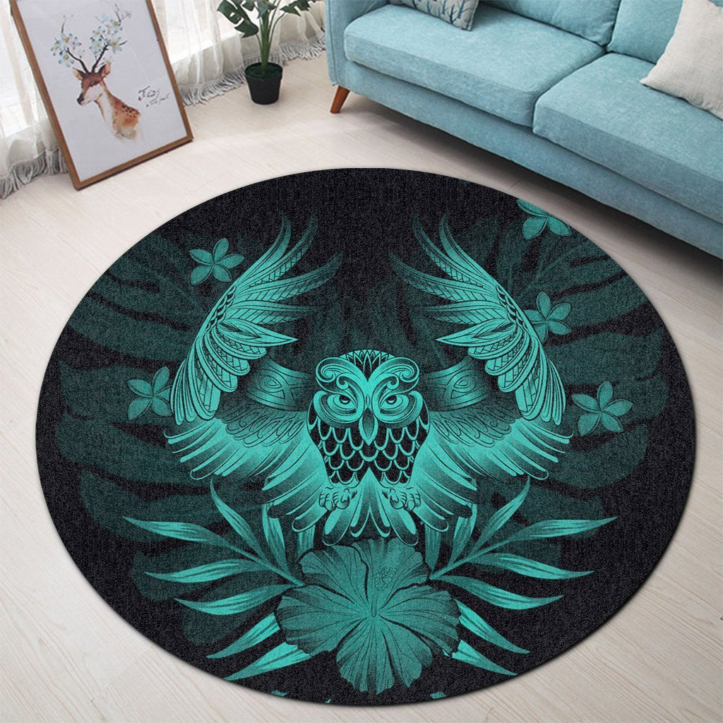 Hawaiian Owl Hibiscus Plumeria Polynesian Round Carpet - Turquoise - AH - Polynesian Pride