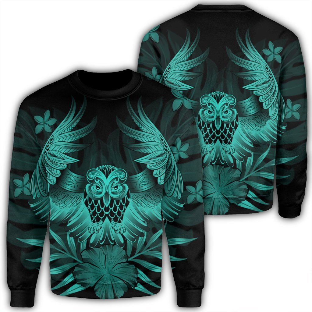 Hawaiian Owl Hibiscus Plumeria Polynesian Sweatshirt - Turquoise - AH Unisex Black - Polynesian Pride