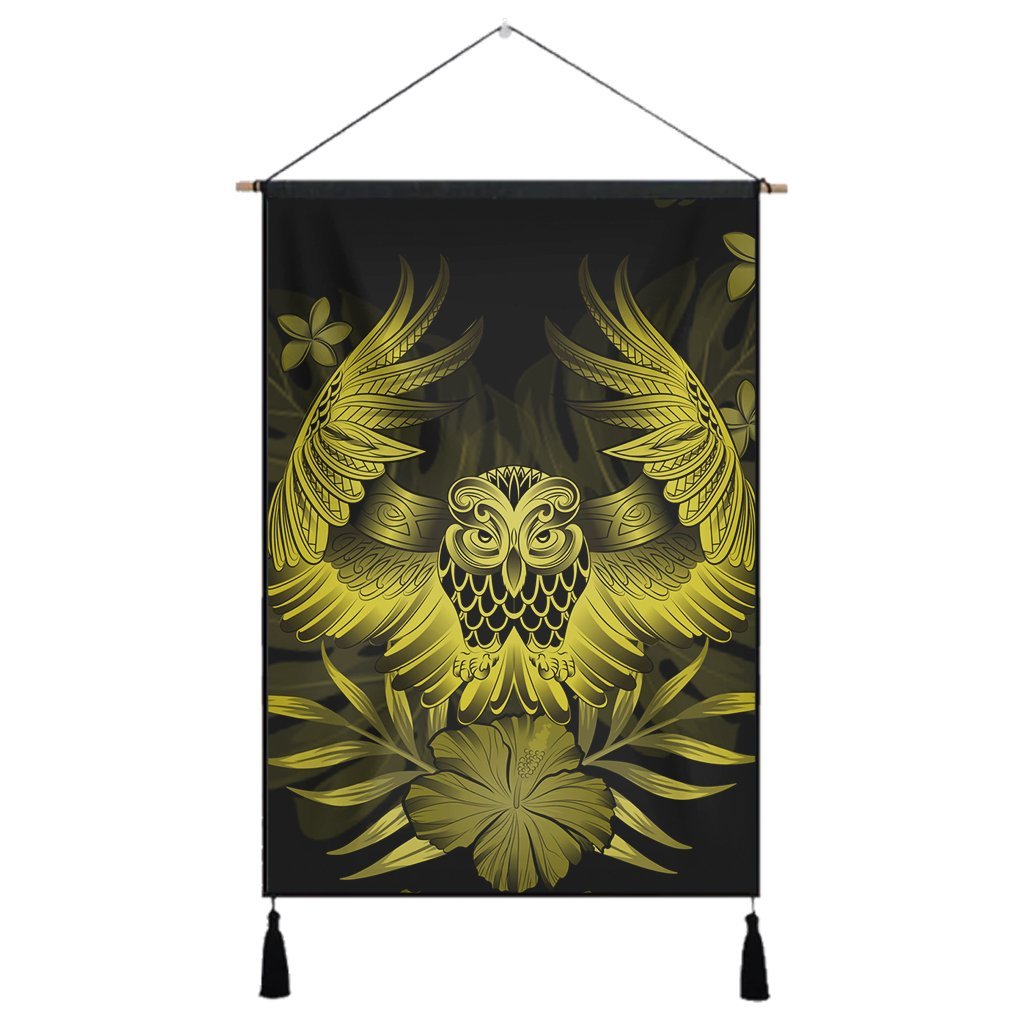 Hawaiian Owl Hibiscus Plumeria Polynesian Hanging Poster - Yellow - AH Hanging Poster Cotton And Linen - Polynesian Pride