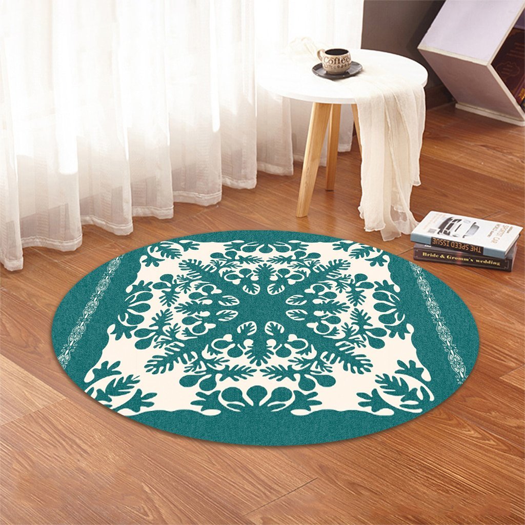 Hawaiian Palm Tree Quilt Tradition Turquoise Round Carpet - AH - Polynesian Pride