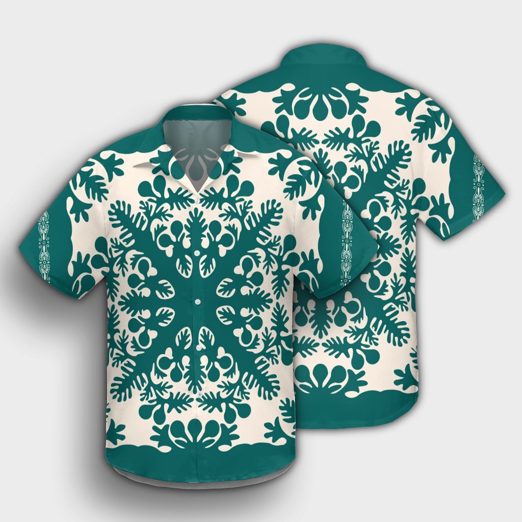Hawaiian Palm Tree Quilt Tradition Turquoise Hawaiian Shirt - AH - Polynesian Pride