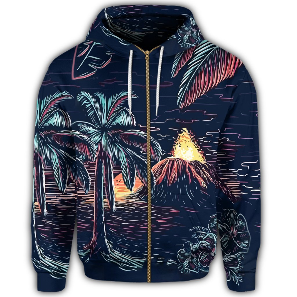 Hawaiian Palm Tree Volcano Night On The Land Zip Hoodie - Polynesian Pride