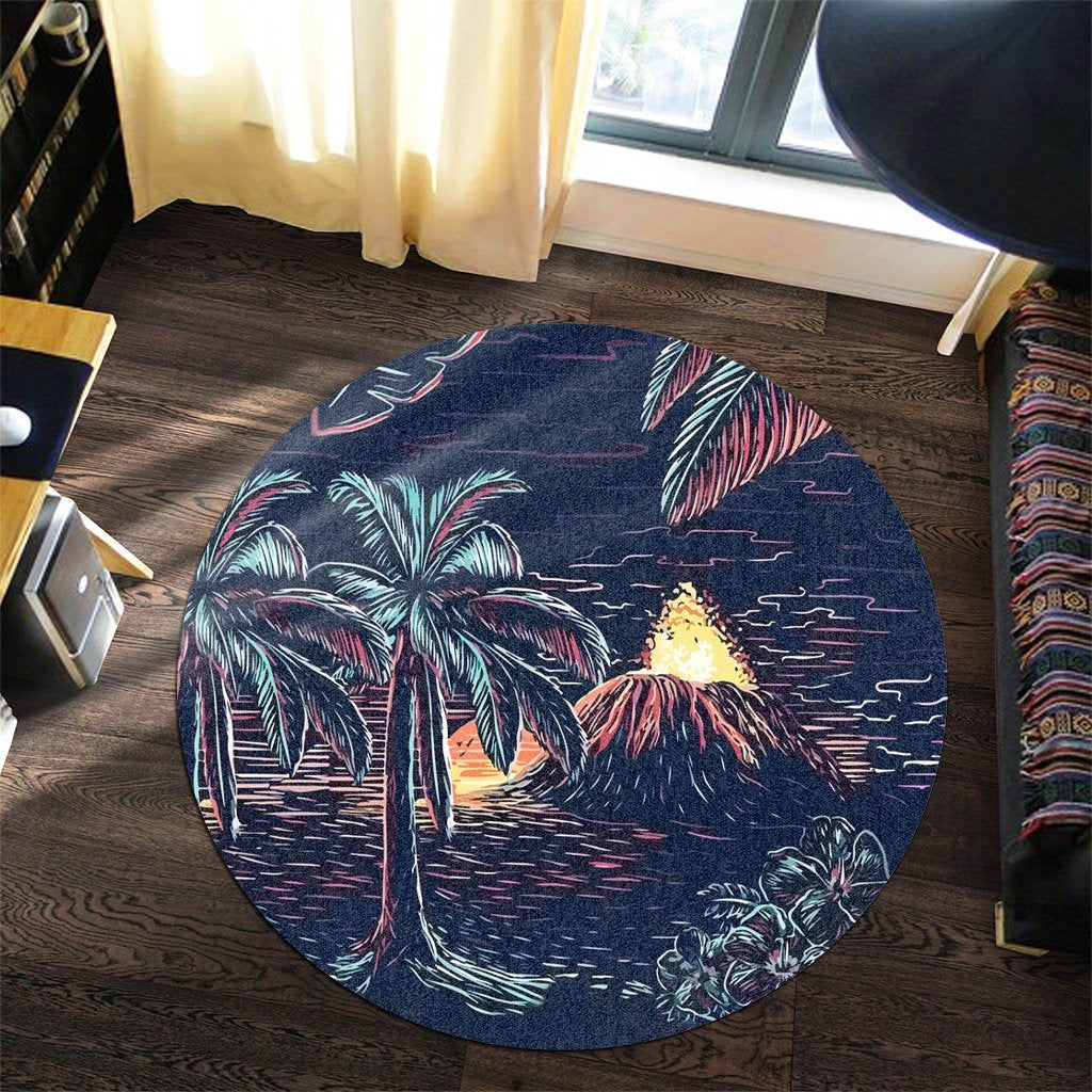 Hawaiian Palm Tree Volcano Night On The Land Round Carpet - AH - Polynesian Pride