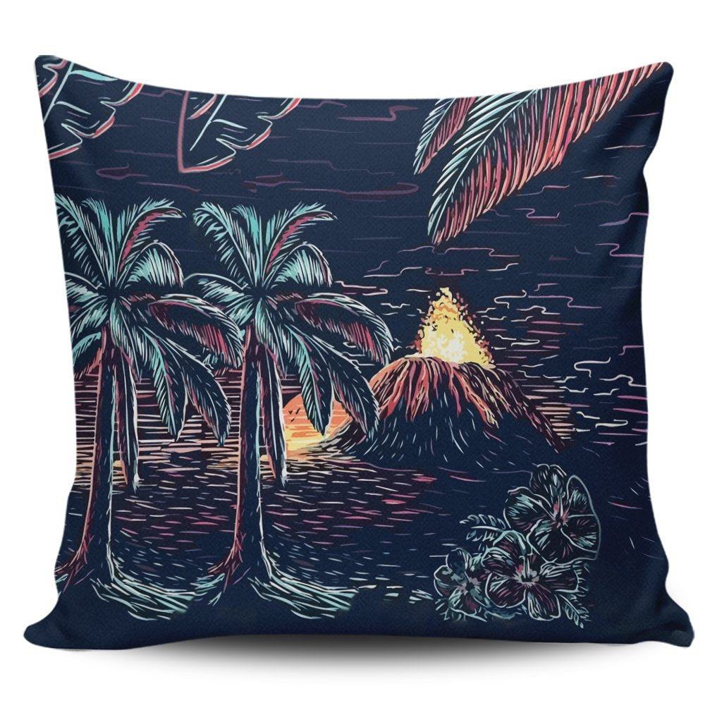 Hawaiian Palm Tree Volcano Night On The Land Pillow Covers - AH Pillow Covers Black - Polynesian Pride