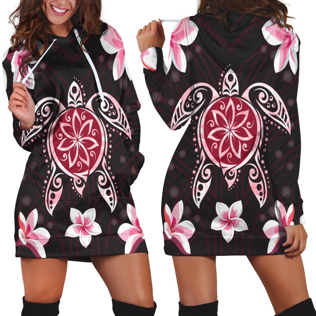 Hawaiian Pinky Turtle Plumeria Hoodie Dress AH Black - Polynesian Pride