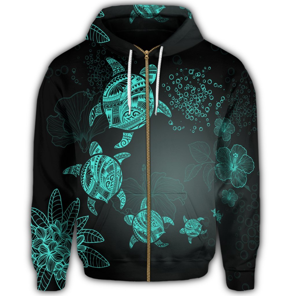 Hawaiian Plumeria Hibiscus Turtle Under Sea Polynesian Zip Hoodie Blue - Polynesian Pride