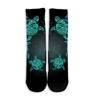 Hawaiian Plumeria Hibiscus Turtle Under Sea Polynesian Crew Socks Blue AH - Polynesian Pride