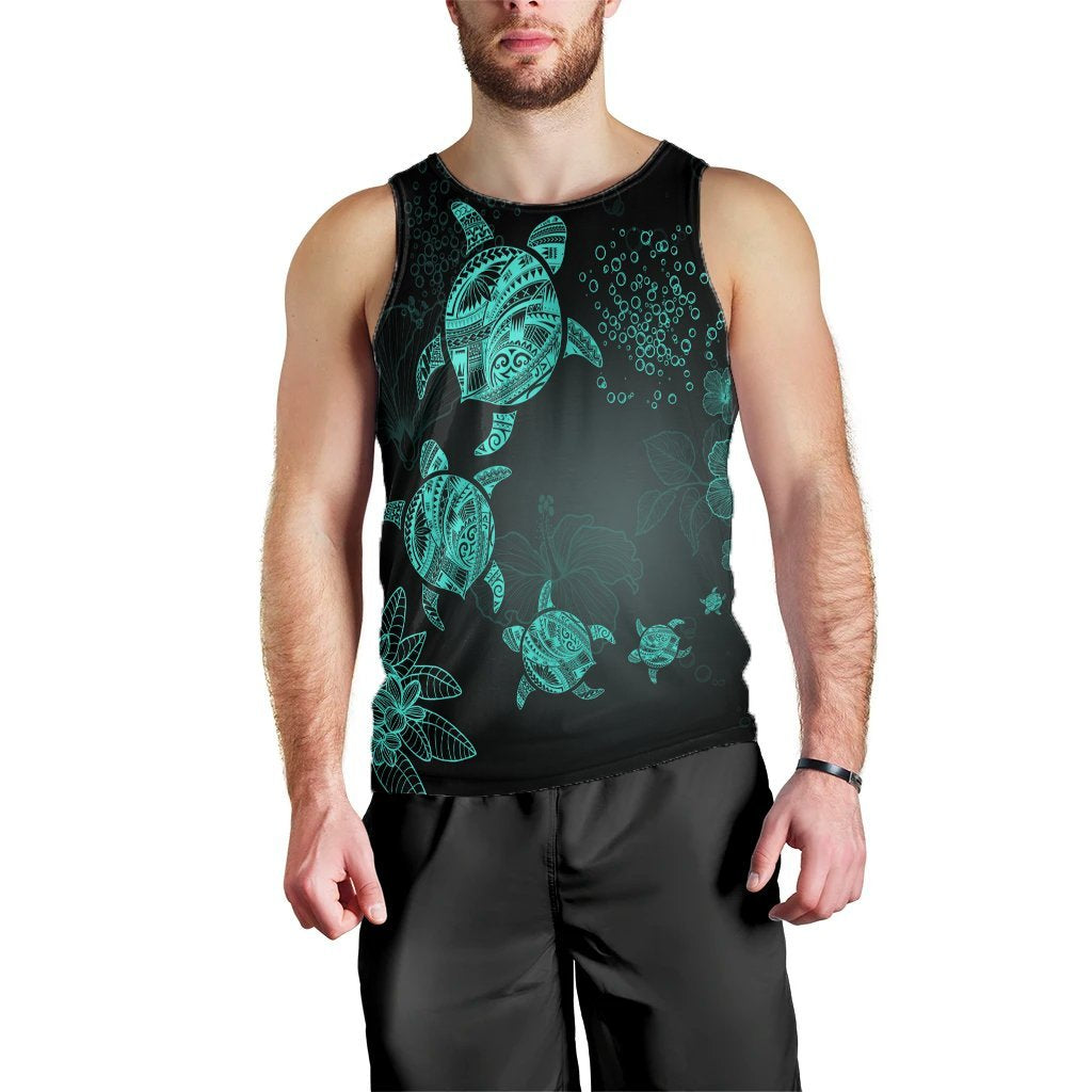 Hawaiian Plumeria Hibiscus Turtle Under Sea Polynesian Tank Top Blue AH Black - Polynesian Pride