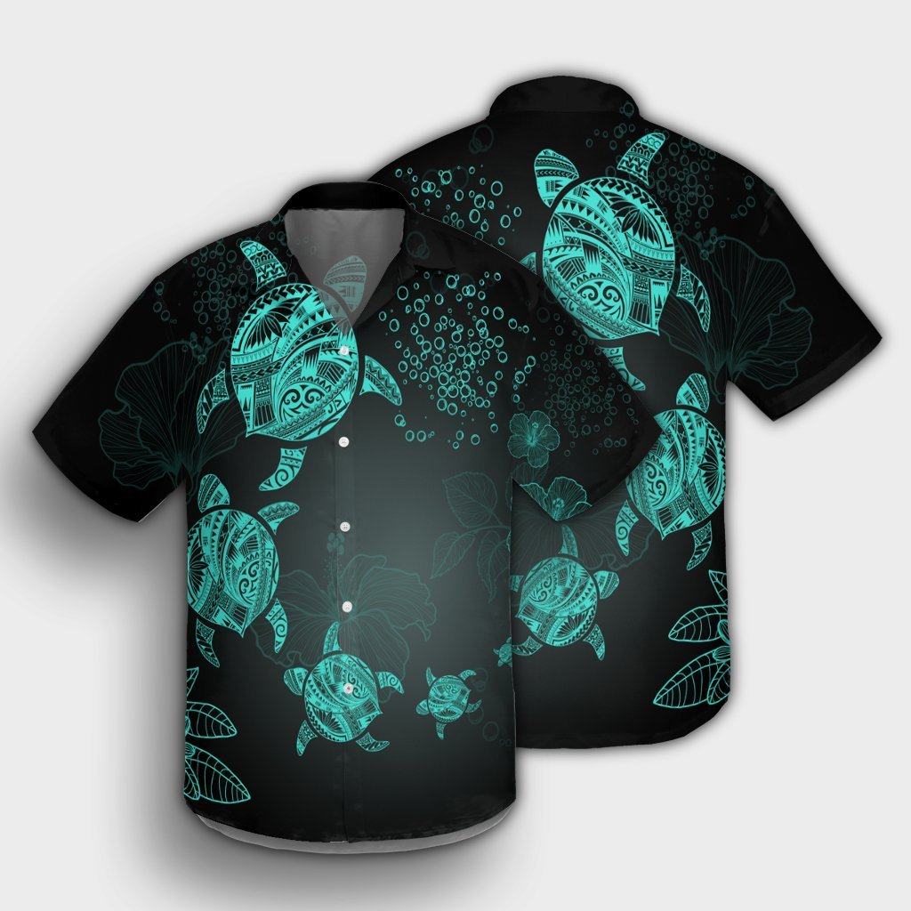 Hawaiian Plumeria Hibiscus Turtle Under Sea Polynesian Hawaiian Shirt Blue AH - Polynesian Pride