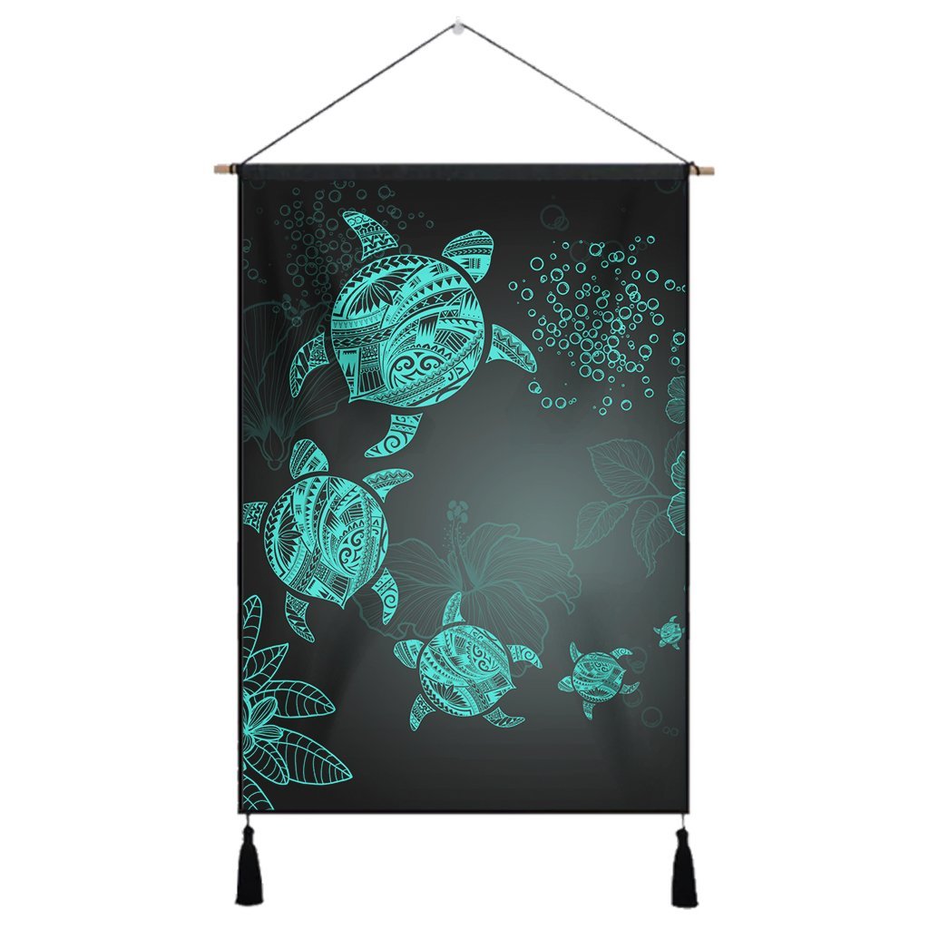 Hawaiian Plumeria Hibiscus Turtle Under Sea Polynesian Hanging Poster Blue AH Hanging Poster Cotton And Linen - Polynesian Pride
