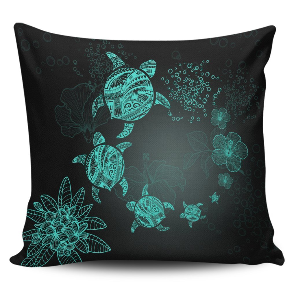 Hawaiian Plumeria Hibiscus Turtle Under Sea Polynesian Pillow Covers Blue AH Pillow Covers Black - Polynesian Pride