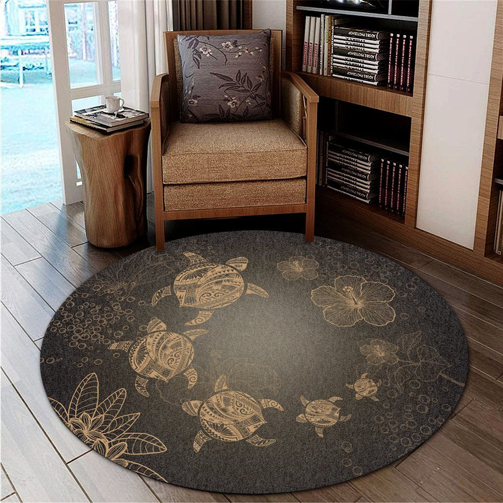 Hawaiian Plumeria Hibiscus Turtle Under Sea Polynesian Round Carpet Gold AH - Polynesian Pride