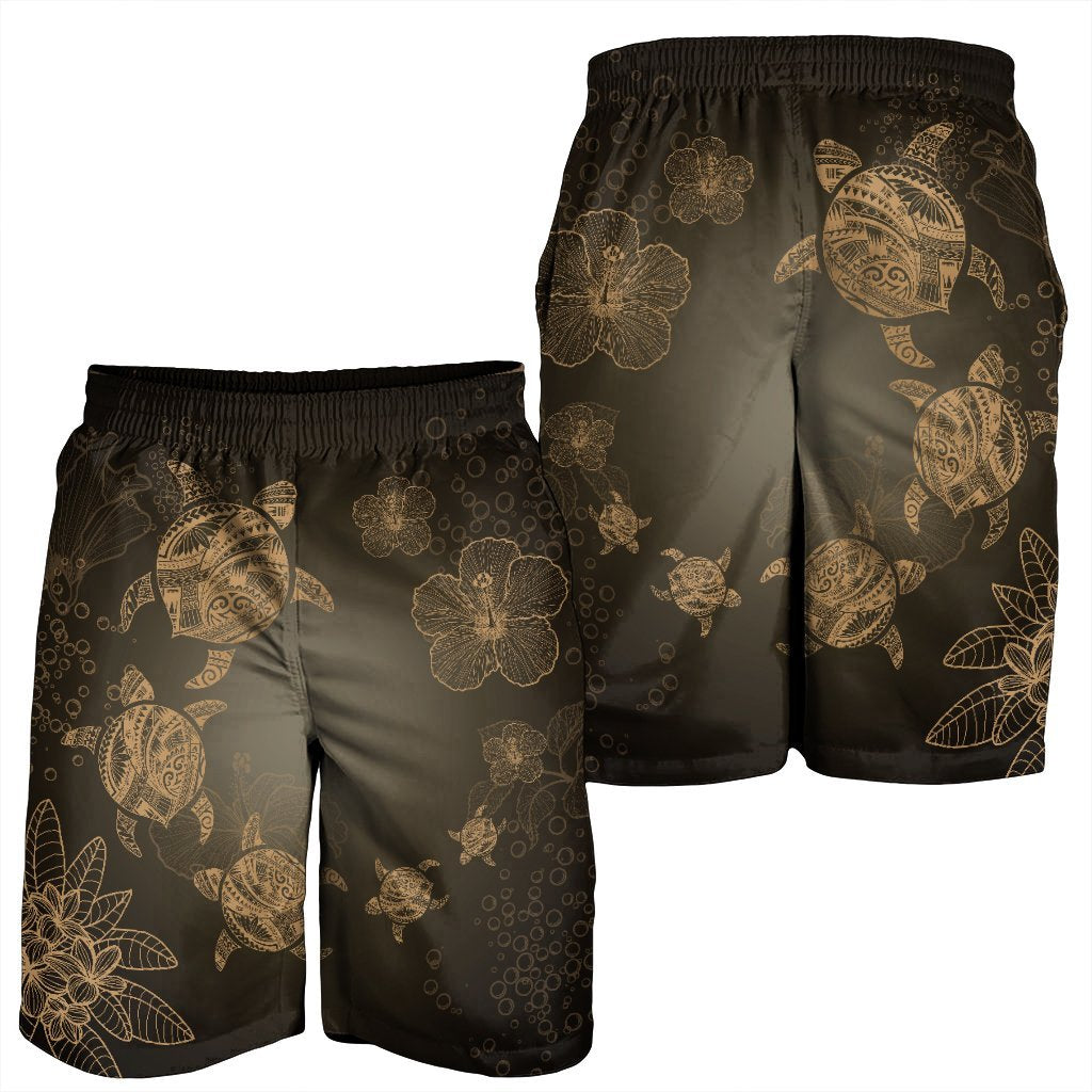 Hawaiian Plumeria Hibiscus Turtle Under Sea Polynesian Men's Shorts Gold AH - Polynesian Pride