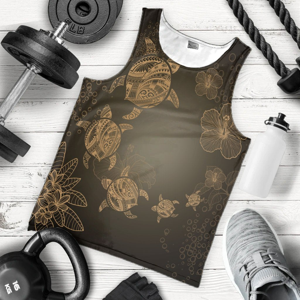 Hawaiian Plumeria Hibiscus Turtle Under Sea Polynesian Tank Top Gold AH - Polynesian Pride