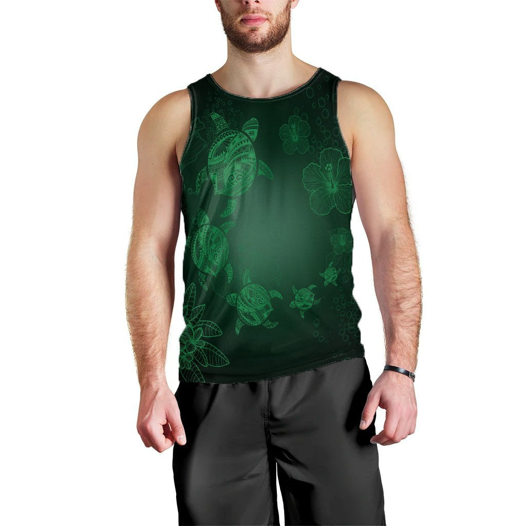 Hawaiian Plumeria Hibiscus Turtle Under Sea Polynesian Tank Top Green AH Black - Polynesian Pride