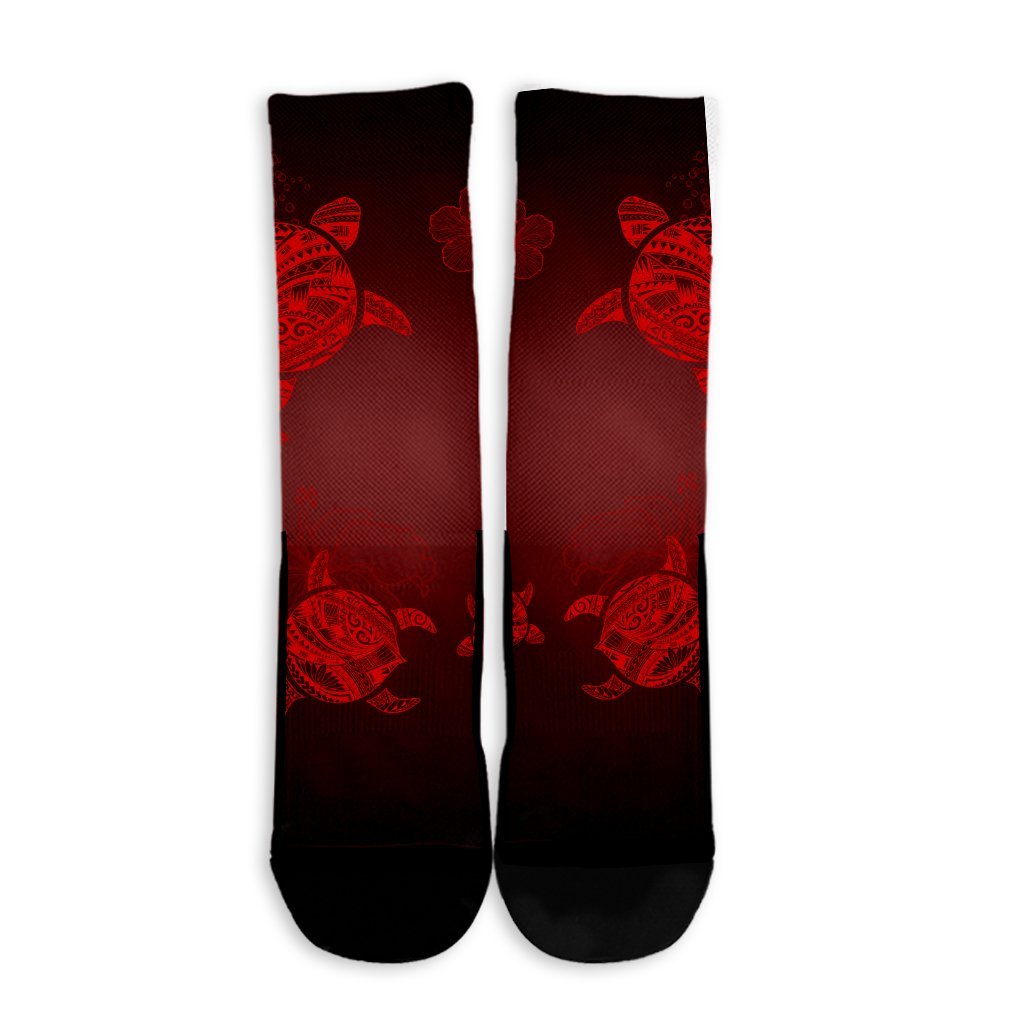 Hawaiian Plumeria Hibiscus Turtle Under Sea Polynesian Crew Socks Red AH - Polynesian Pride