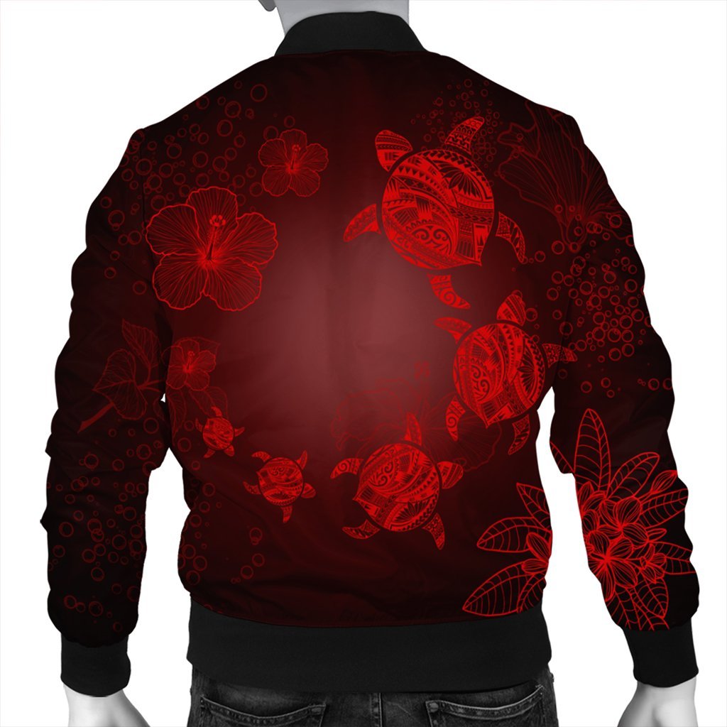 Hawaiian Plumeria Hibiscus Turtle Under Sea Polynesian Bomber Jacket Red AH - Polynesian Pride