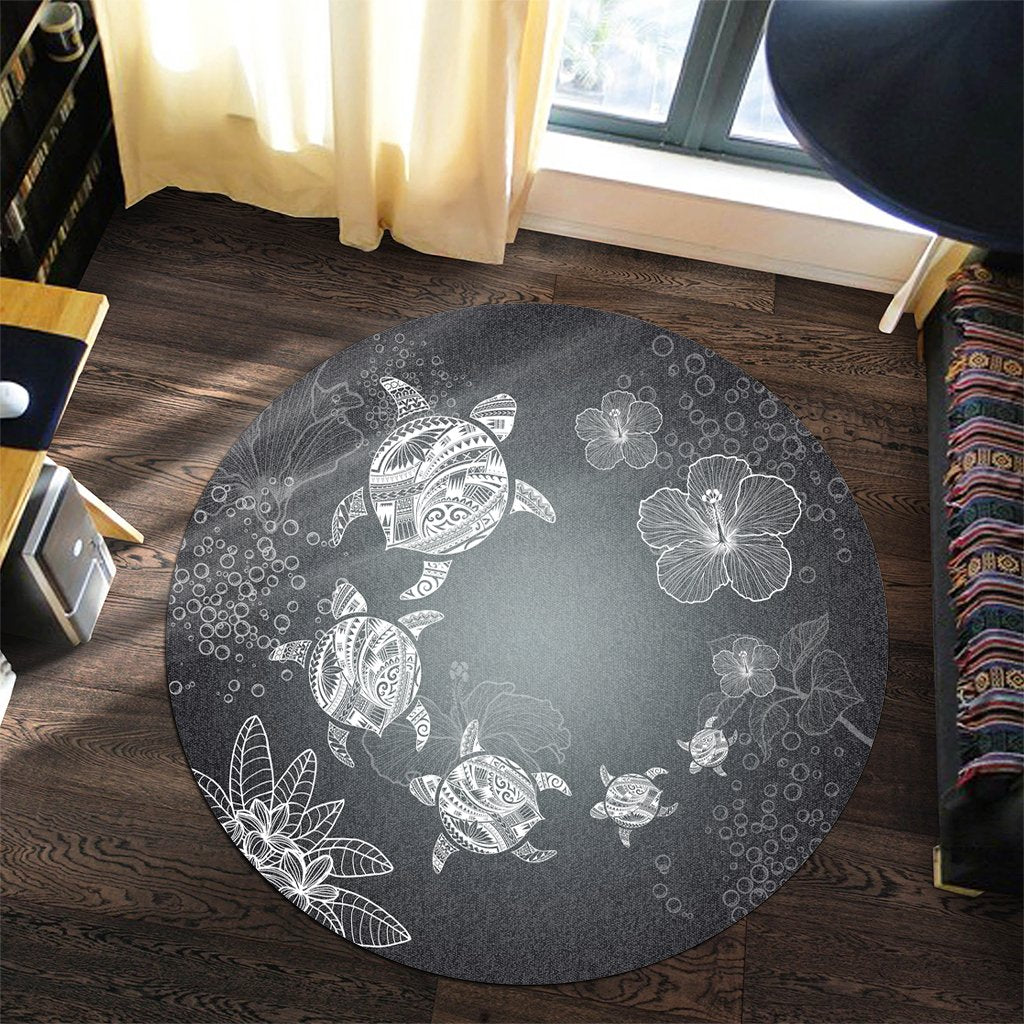 Hawaiian Plumeria Hibiscus Turtle Under Sea Polynesian Round Carpet White AH - Polynesian Pride