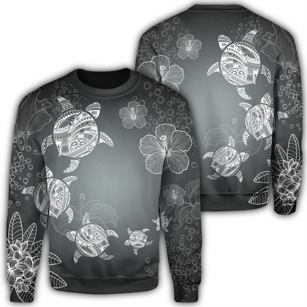 Hawaiian Plumeria Hibiscus Turtle Under Sea Polynesian Sweatshirt White AH Unisex Black - Polynesian Pride