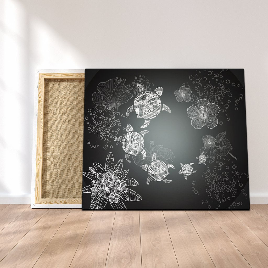 Hawaiian Plumeria Hibiscus Turtle Under Sea Polynesian Canvas White AH Canvas Poly-cotton - Polynesian Pride