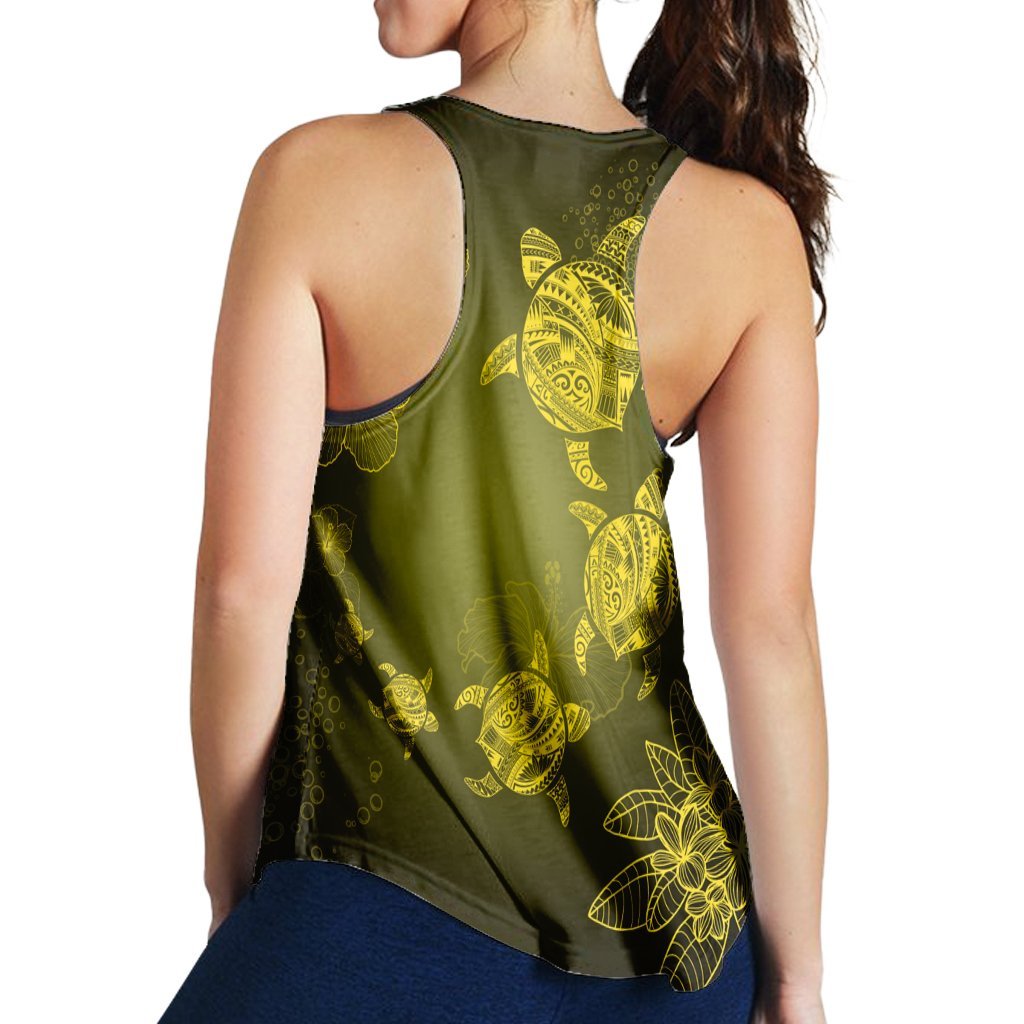 Hawaiian Plumeria Hibiscus Turtle Under Sea Polynesian Racerback Tank Yellow AH - Polynesian Pride