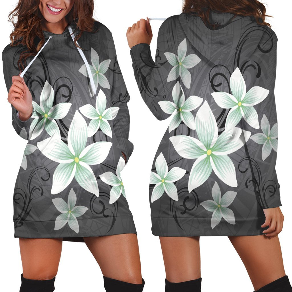 Hawaiian Plumeria Polynesian Hoodie Dress - Gray - AH Black - Polynesian Pride