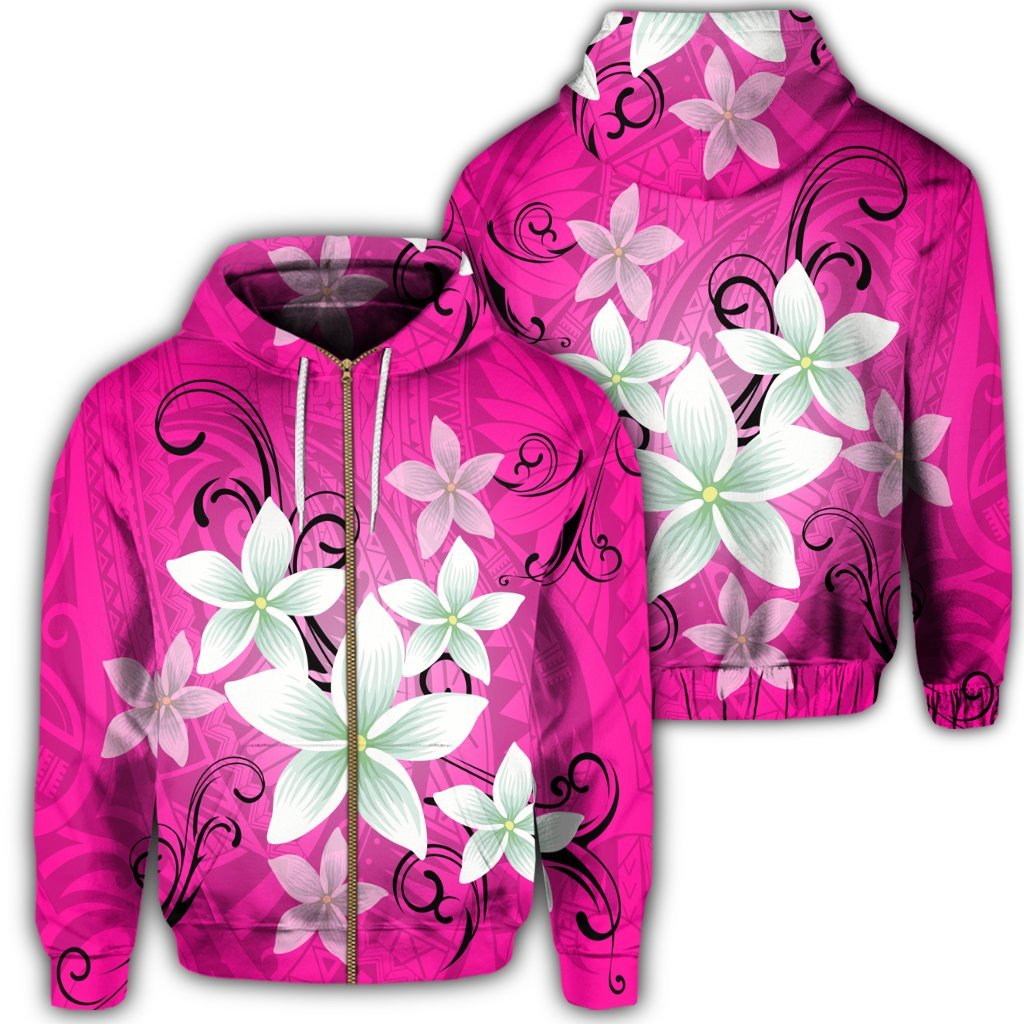 Hawaiian Plumeria Polynesian Zip Hoodie Pink Unisex Art - Polynesian Pride