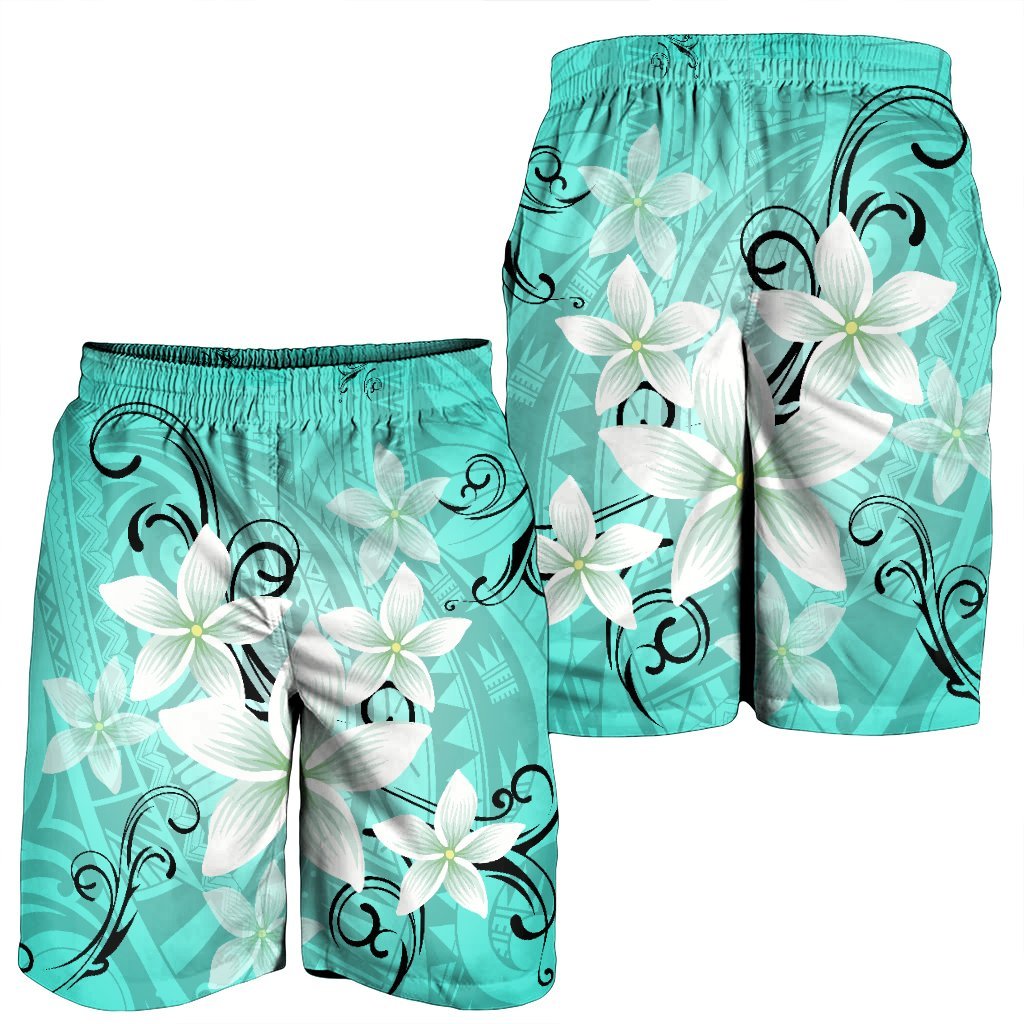 Hawaiian Plumeria Polynesian Men's Shorts - Turquoise - AH - Polynesian Pride