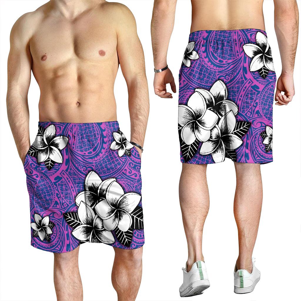 Hawaiian Plumeria Tribal Pink Polynesian Men's Shorts Blue AH - Polynesian Pride