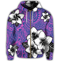 Hawaiian Plumeria Tribal Pink Polynesian Zip Hoodie Blue - Polynesian Pride