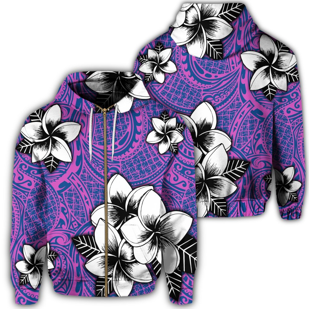 Hawaiian Plumeria Tribal Pink Polynesian Zip Hoodie Blue Unisex Art - Polynesian Pride