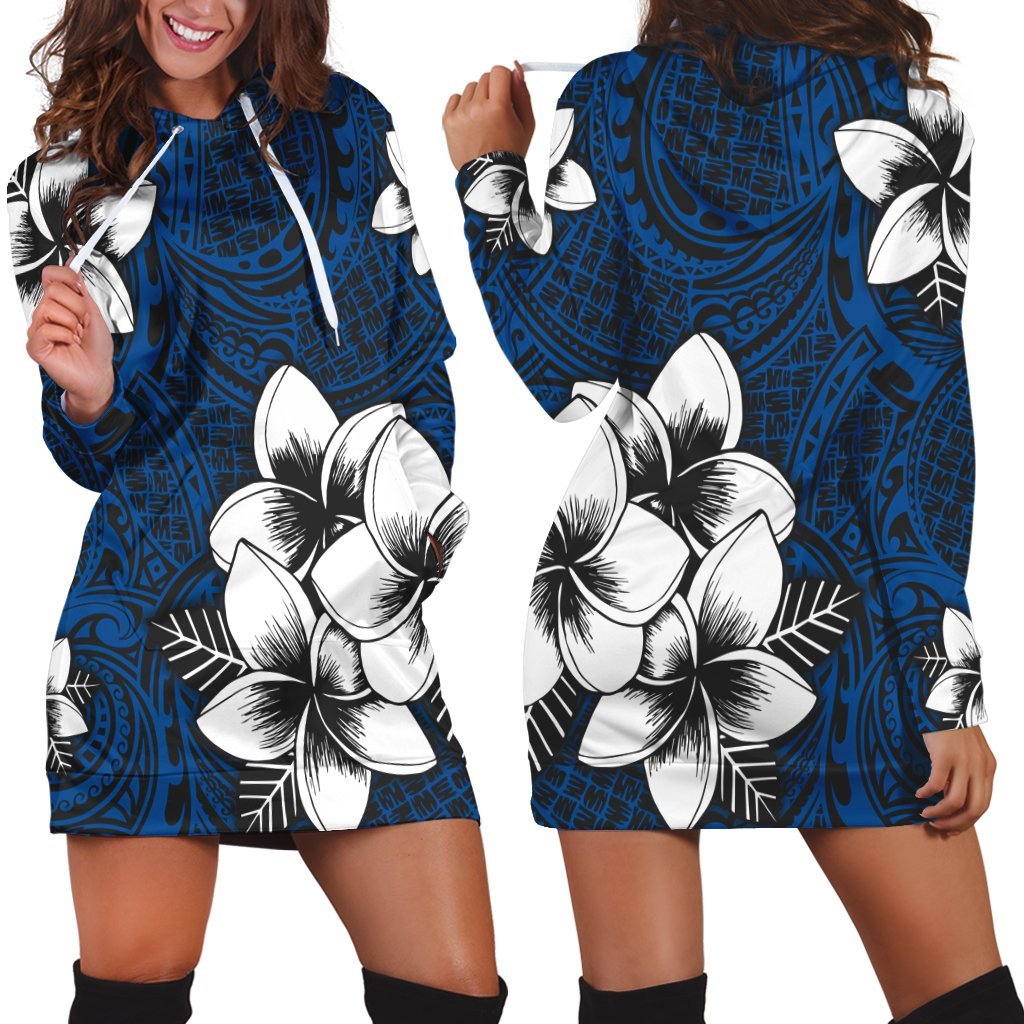 Hawaiian Plumeria Tribal Polynesian Hoodie Dress Blue AH Black - Polynesian Pride