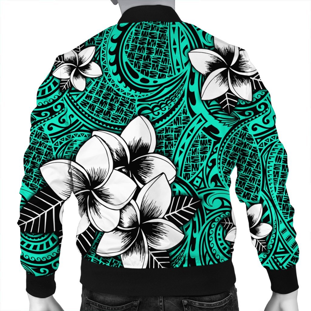 Hawaiian Plumeria Tribe Turquoise Polynesian Bomber Jacket AH - Polynesian Pride