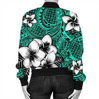 Hawaiian Plumeria Tribe Turquoise Polynesian Bomber Jacket AH - Polynesian Pride