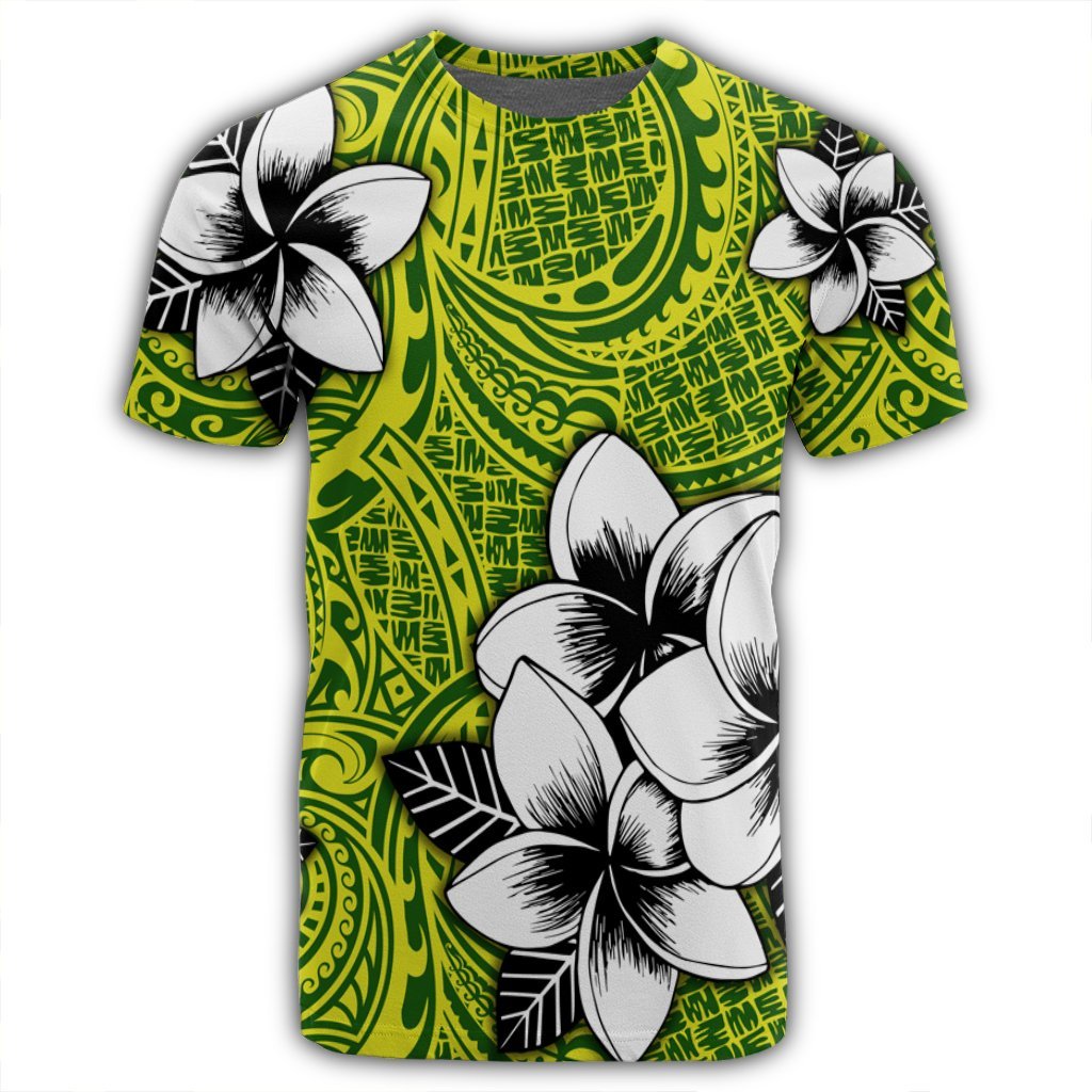 Hawaiian Plumeria Tribe Yellow Green Polynesian T Shirt AH - Polynesian Pride