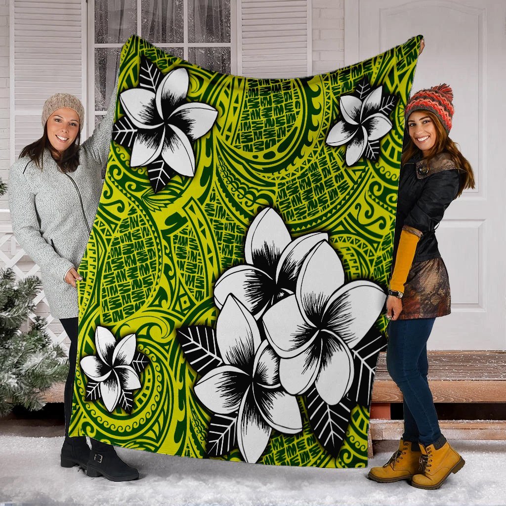 Hawaiian Plumeria Tribe Yellow Green Polynesian Premium Blankets AH - Polynesian Pride