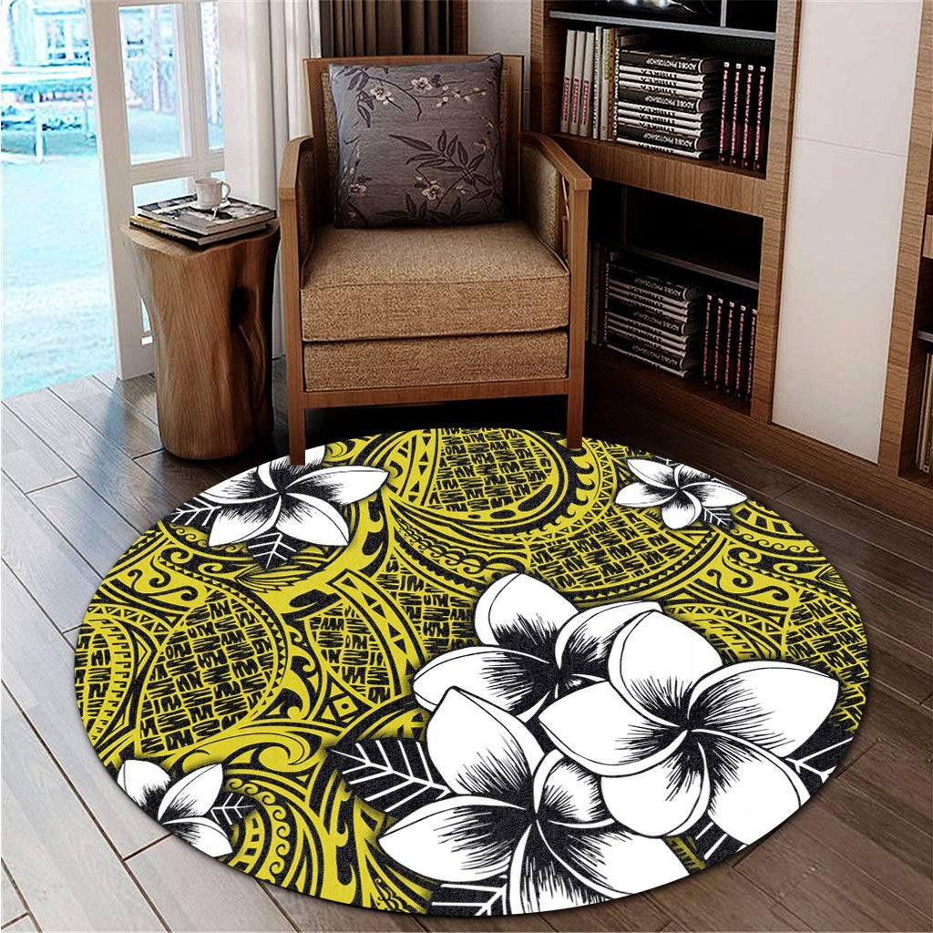 Hawaiian Plumeria Tribe Yellow Polynesian Round Carpet AH - Polynesian Pride