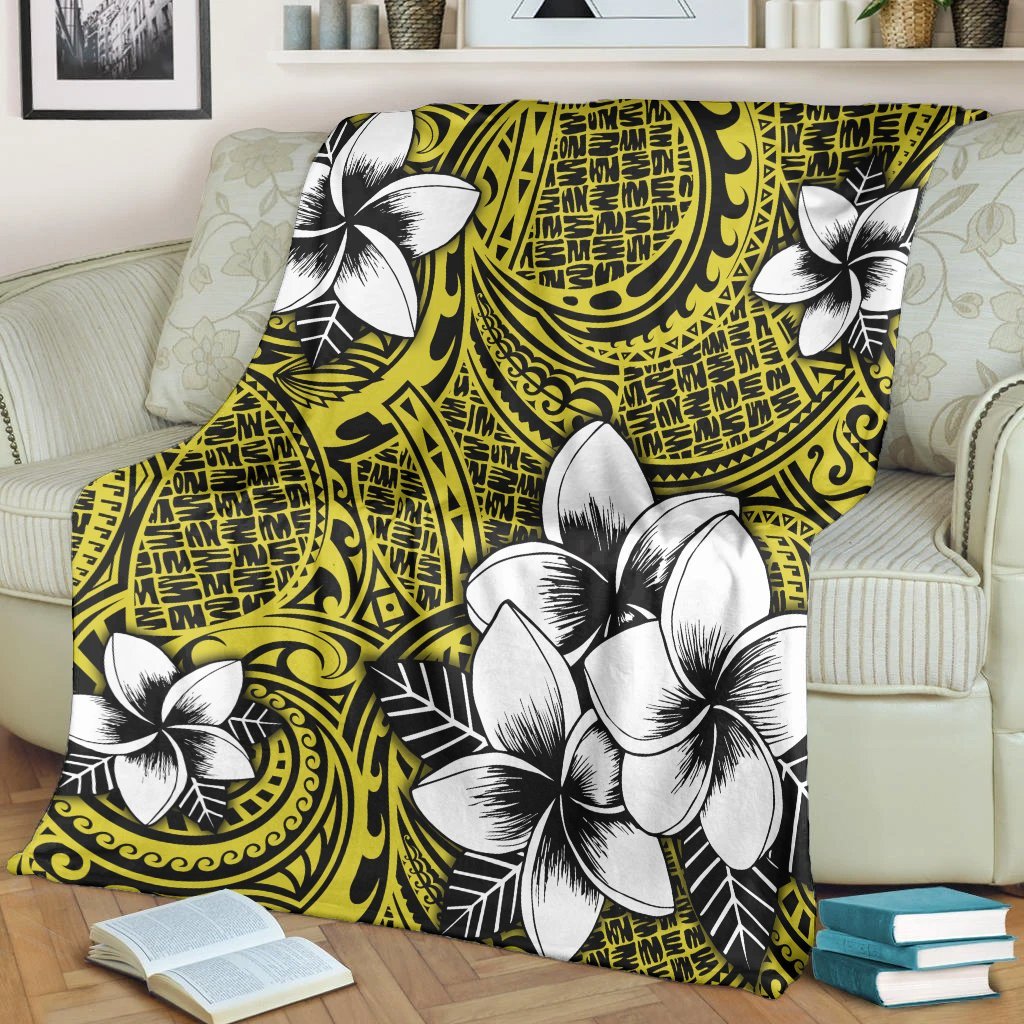 Hawaiian Plumeria Tribe Yellow Polynesian Premium Blankets AH - Polynesian Pride