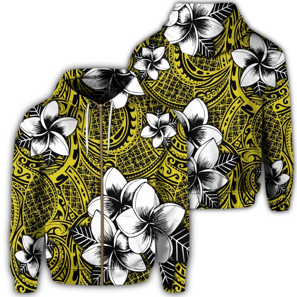 Hawaiian Plumeria Tribe Yellow Polynesian Zip Hoodie Unisex Art - Polynesian Pride