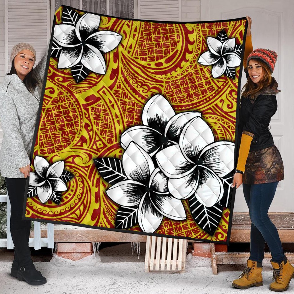 Hawaiian Plumeria Tribe Yellow Red Polynesian Premium Quilts AH - Polynesian Pride
