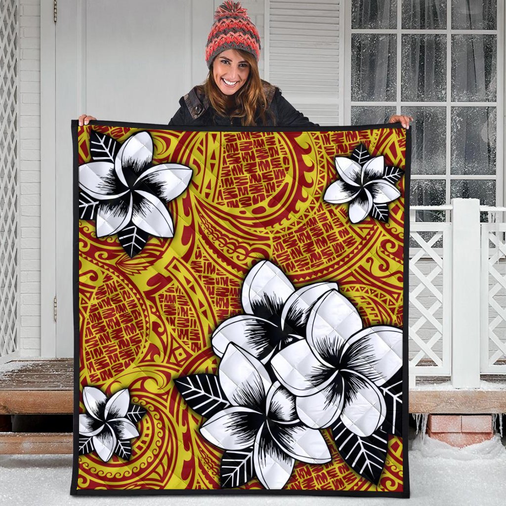 Hawaiian Plumeria Tribe Yellow Red Polynesian Premium Quilts AH - Polynesian Pride